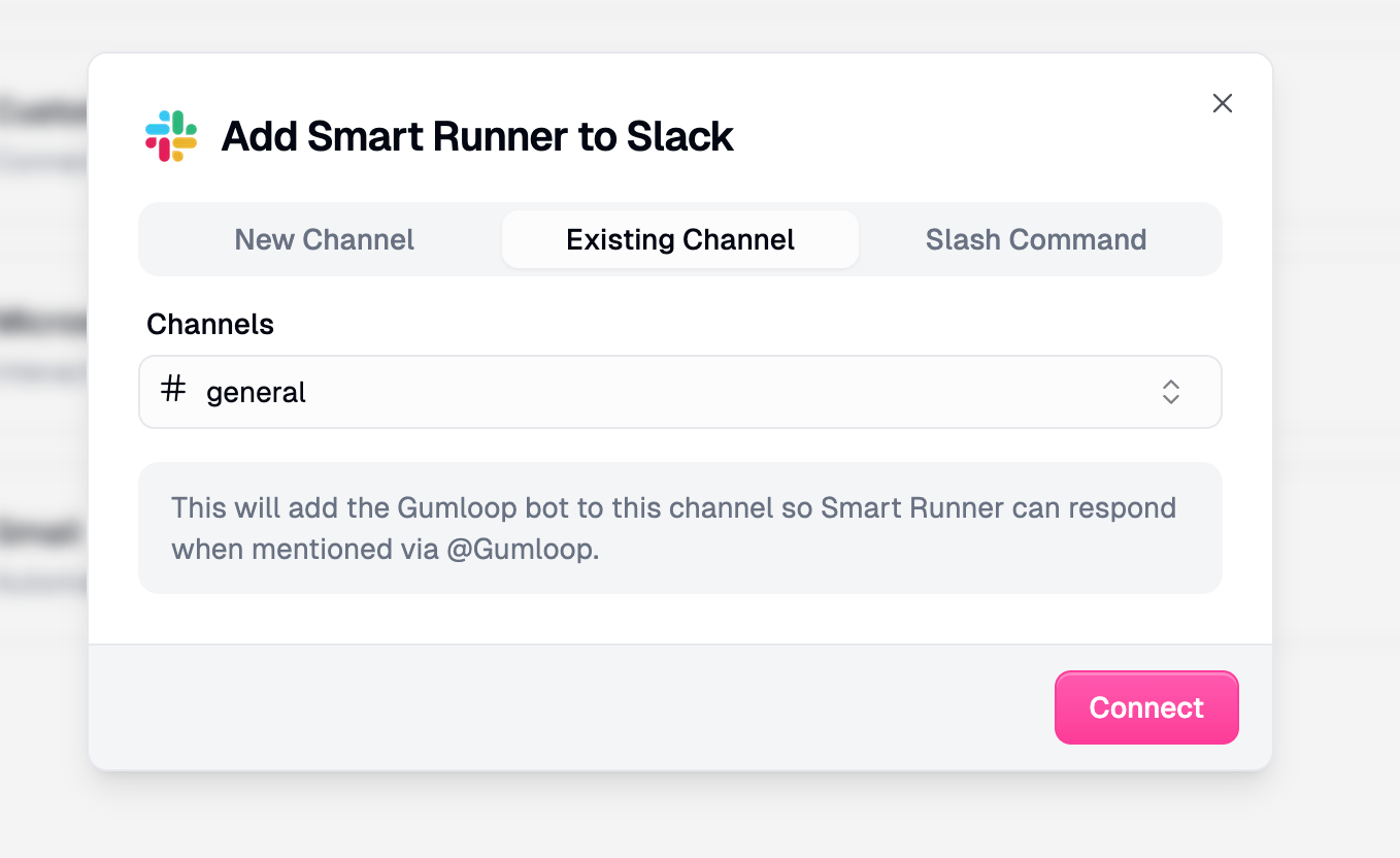 Existing Channel tab showing channel dropdown selector