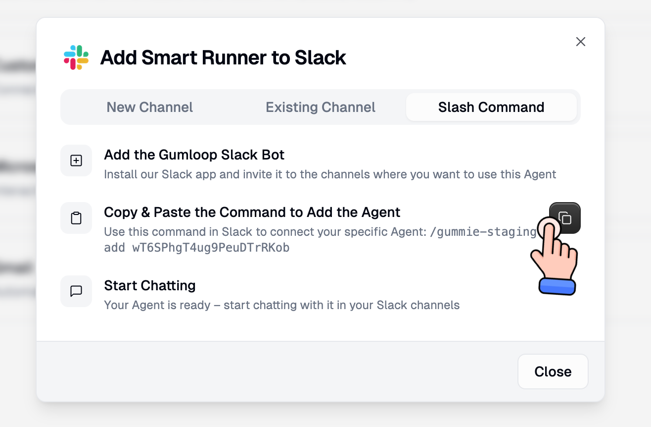 Slash Command tab showing manual setup steps with copy button