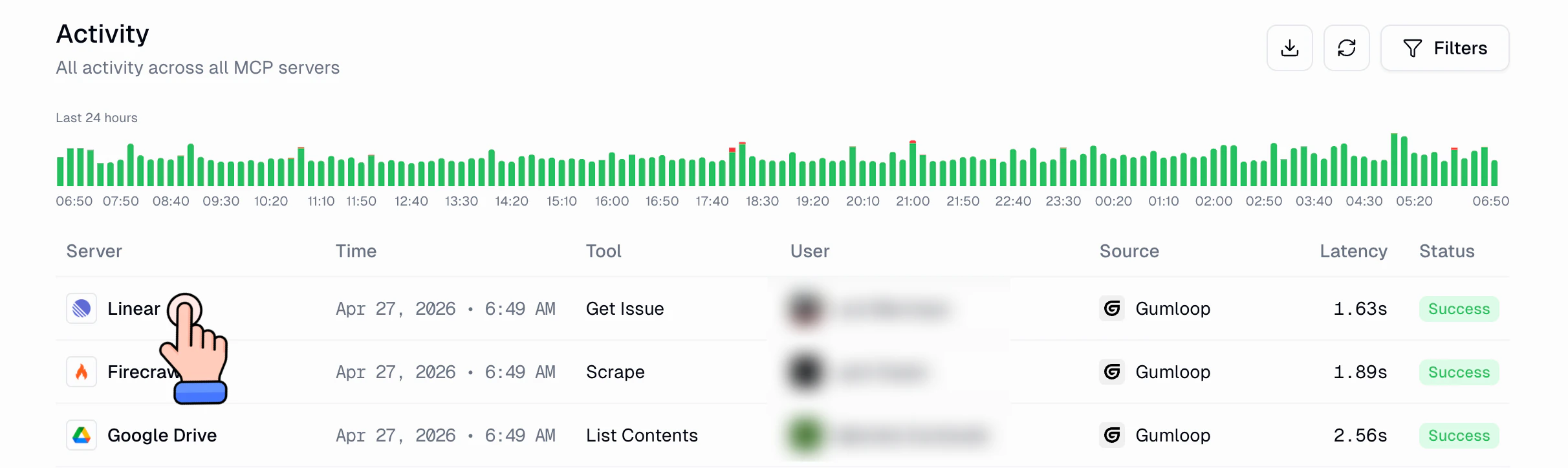 Activity histogram showing 24-hour tool call volume with color-coded status bars, and clicking into a server row