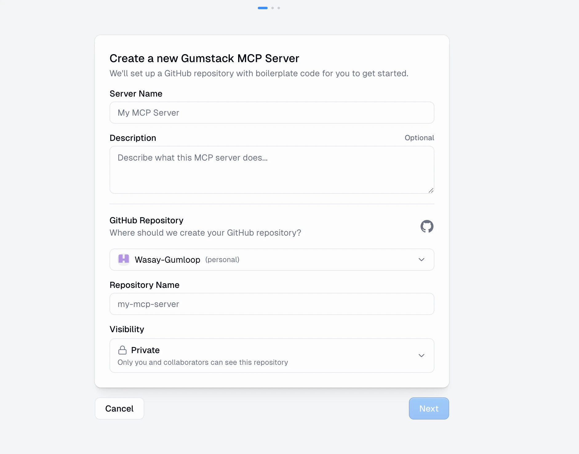 Create wizard step 1 showing fields for Server Name, Description, GitHub Repository owner, Repository Name, and Visibility