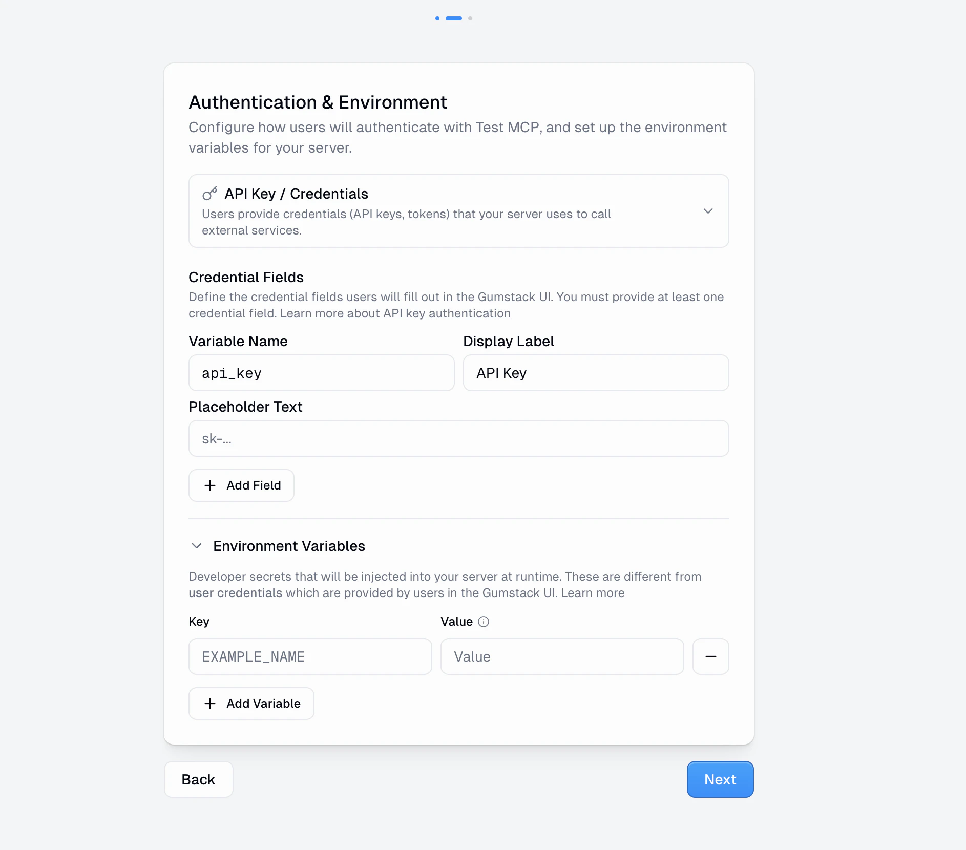 Create wizard step 2 showing authentication type selection (API Key/Credentials), credential field configuration, and environment variables