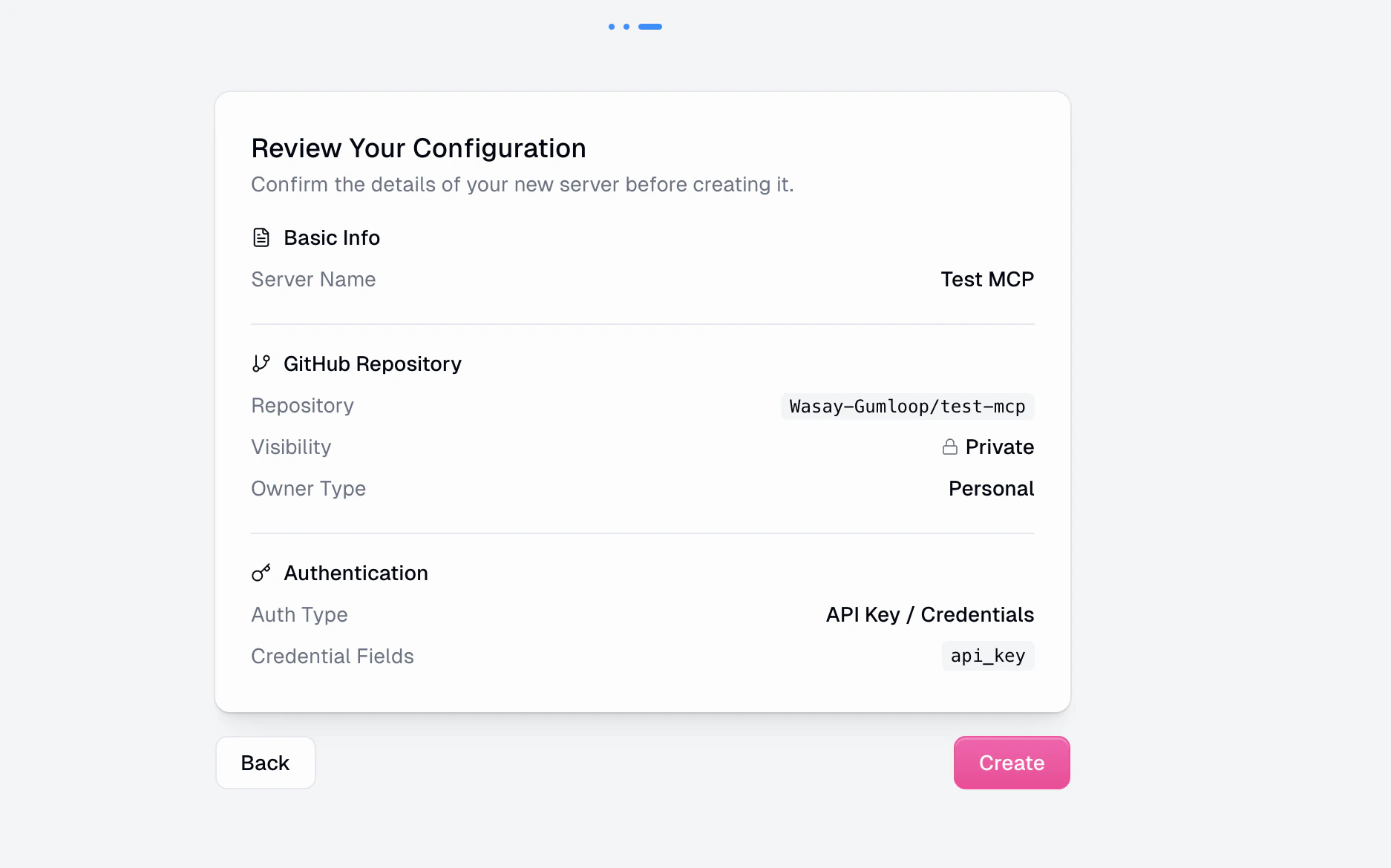 Create wizard step 3 showing a review summary with Basic Info, GitHub Repository details, and Authentication configuration
