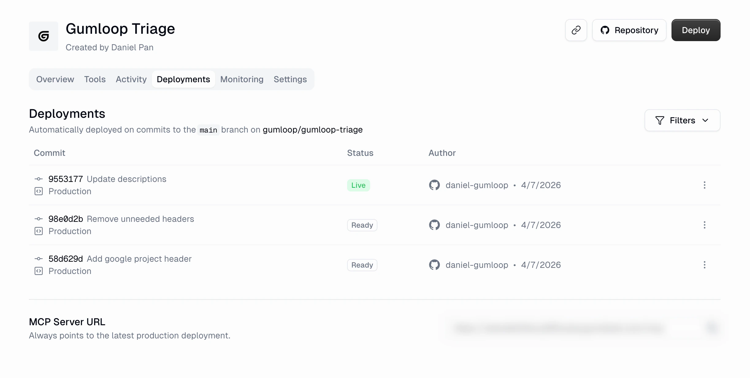 Deployments tab showing a list of deployments with commit hash, message, status (Live/Ready), author, and date