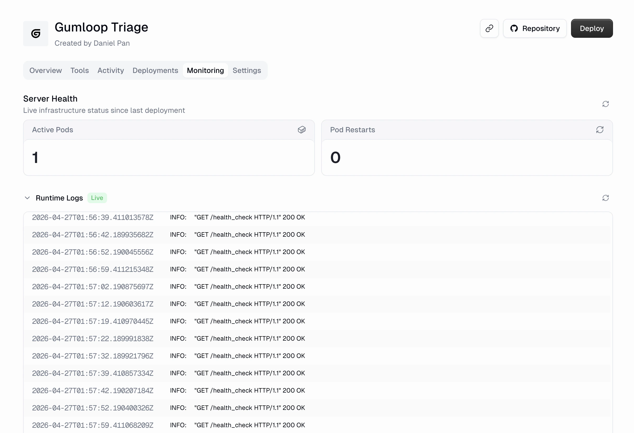 Monitoring tab showing Server Health with Active Pods count, Pod Restarts count, and live Runtime Logs