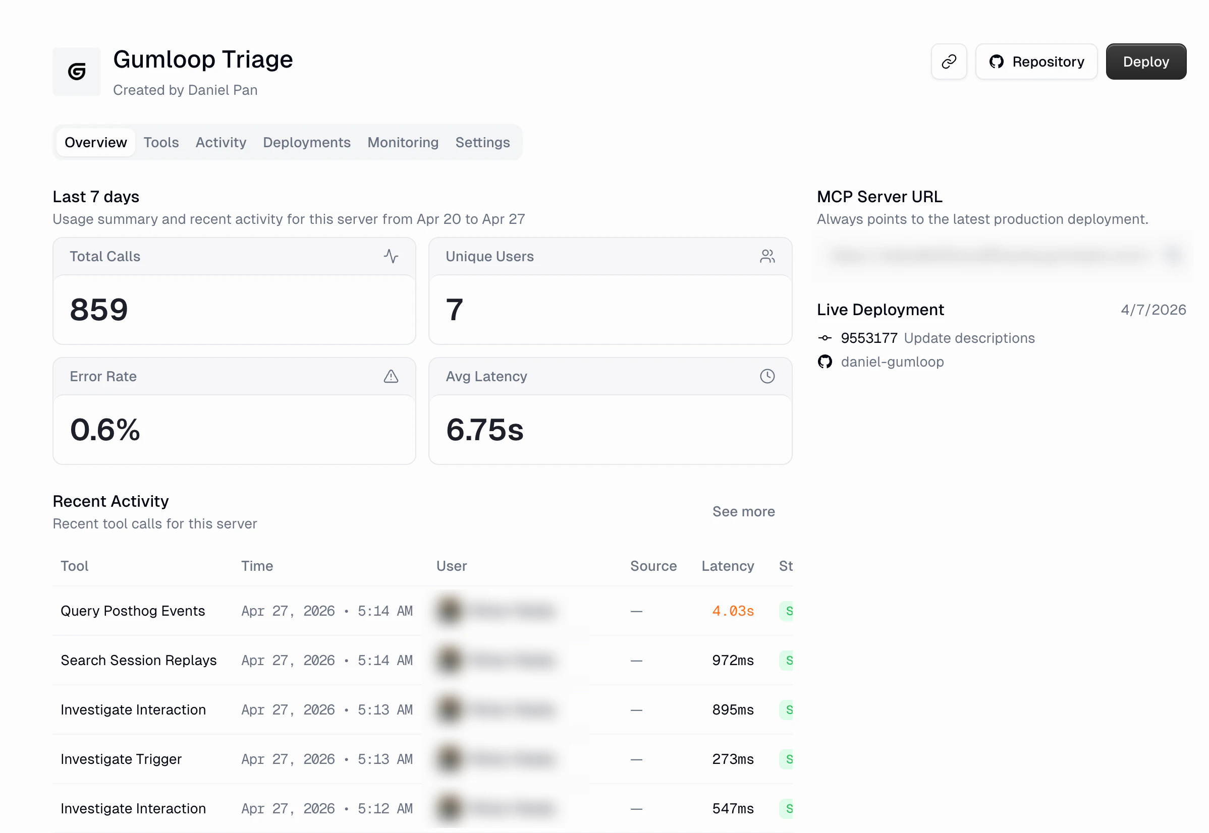 Hosted MCP server detail page showing overview stats, MCP Server URL, live deployment info, and recent activity