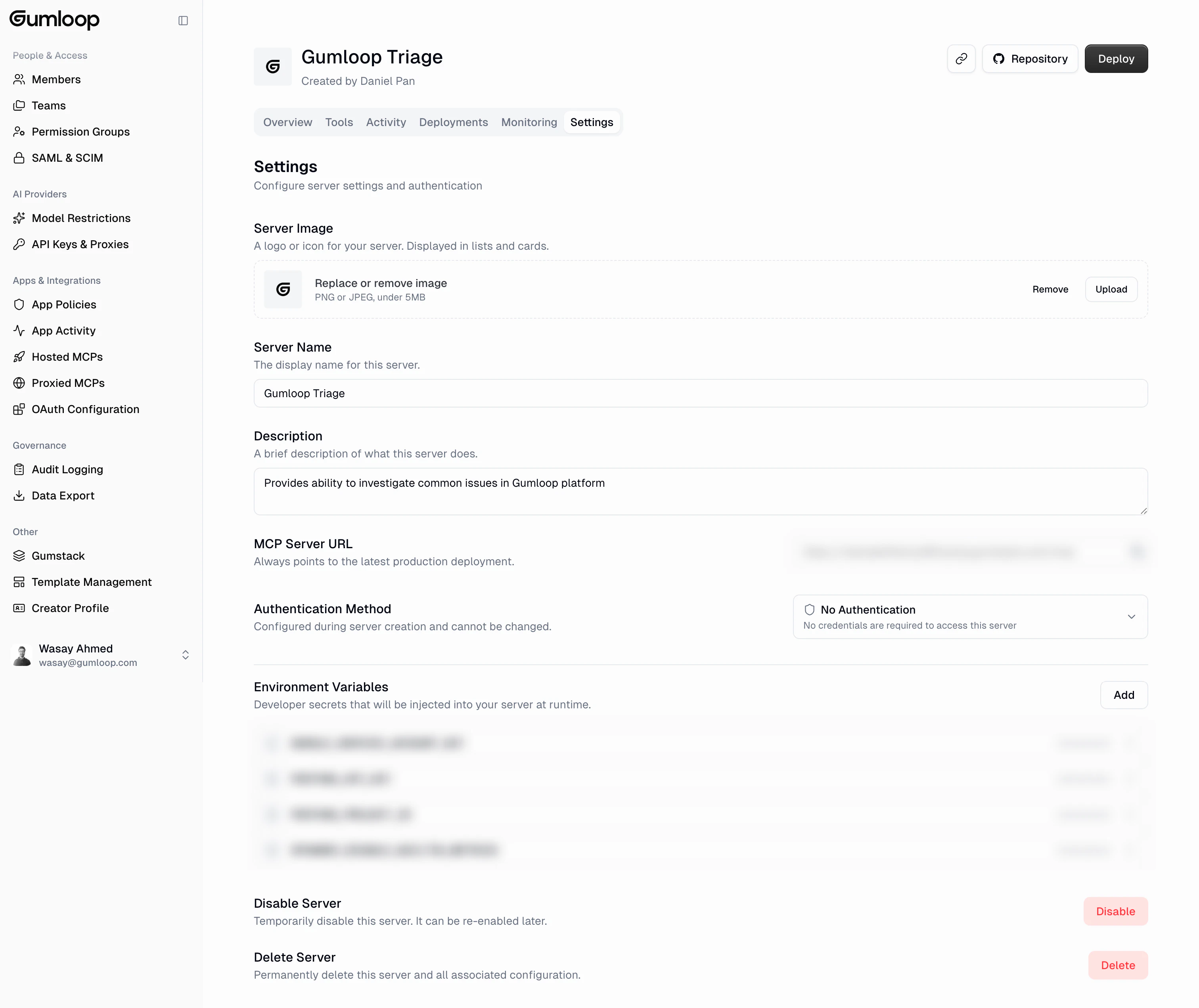 Settings tab showing Server Image upload, Server Name, Description, MCP Server URL, Authentication Method, Environment Variables, and Disable/Delete actions