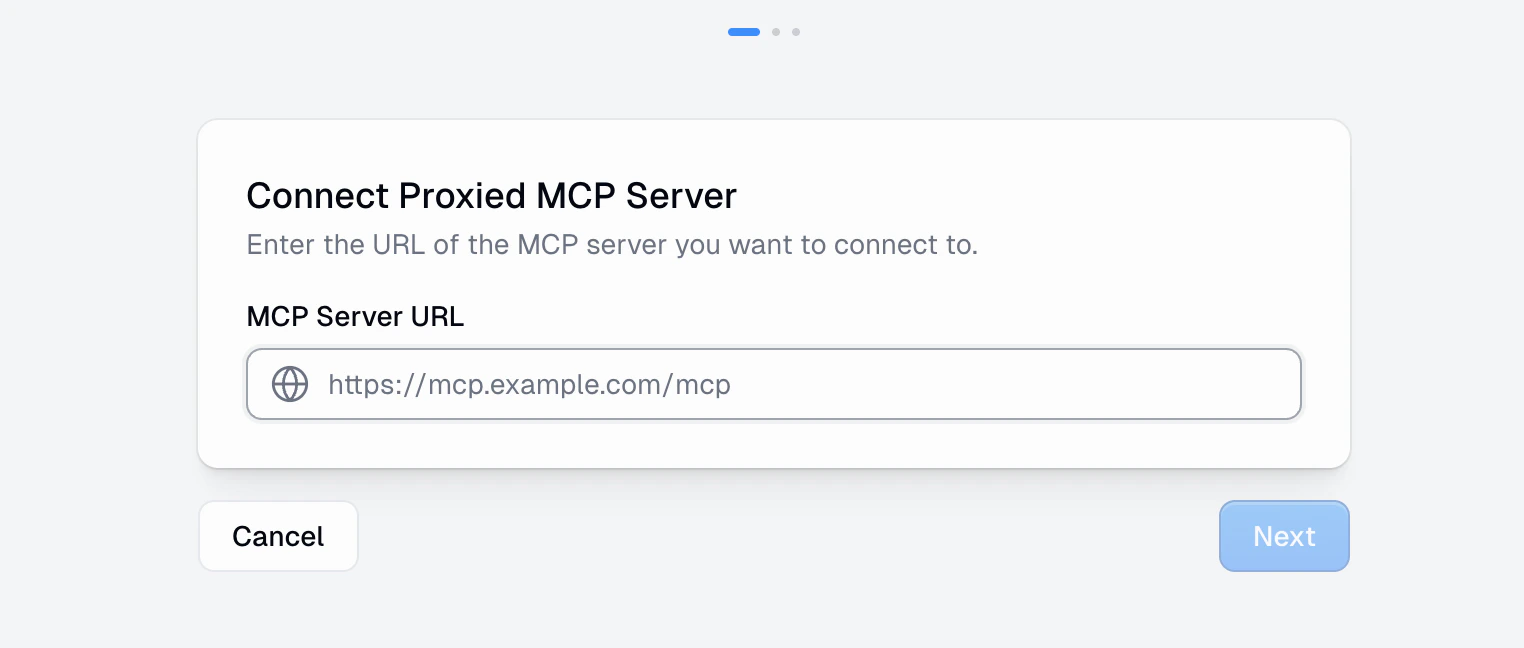 Connect wizard step 1 showing an input field for the MCP Server URL with a placeholder example