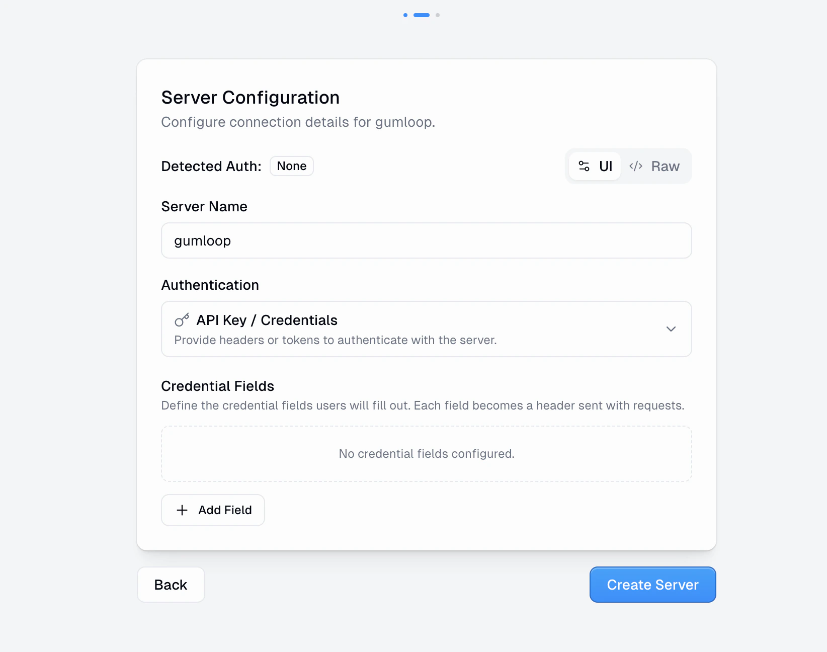 Connect wizard step 2 showing Server Configuration with detected auth type, server name, authentication method selection, and credential fields