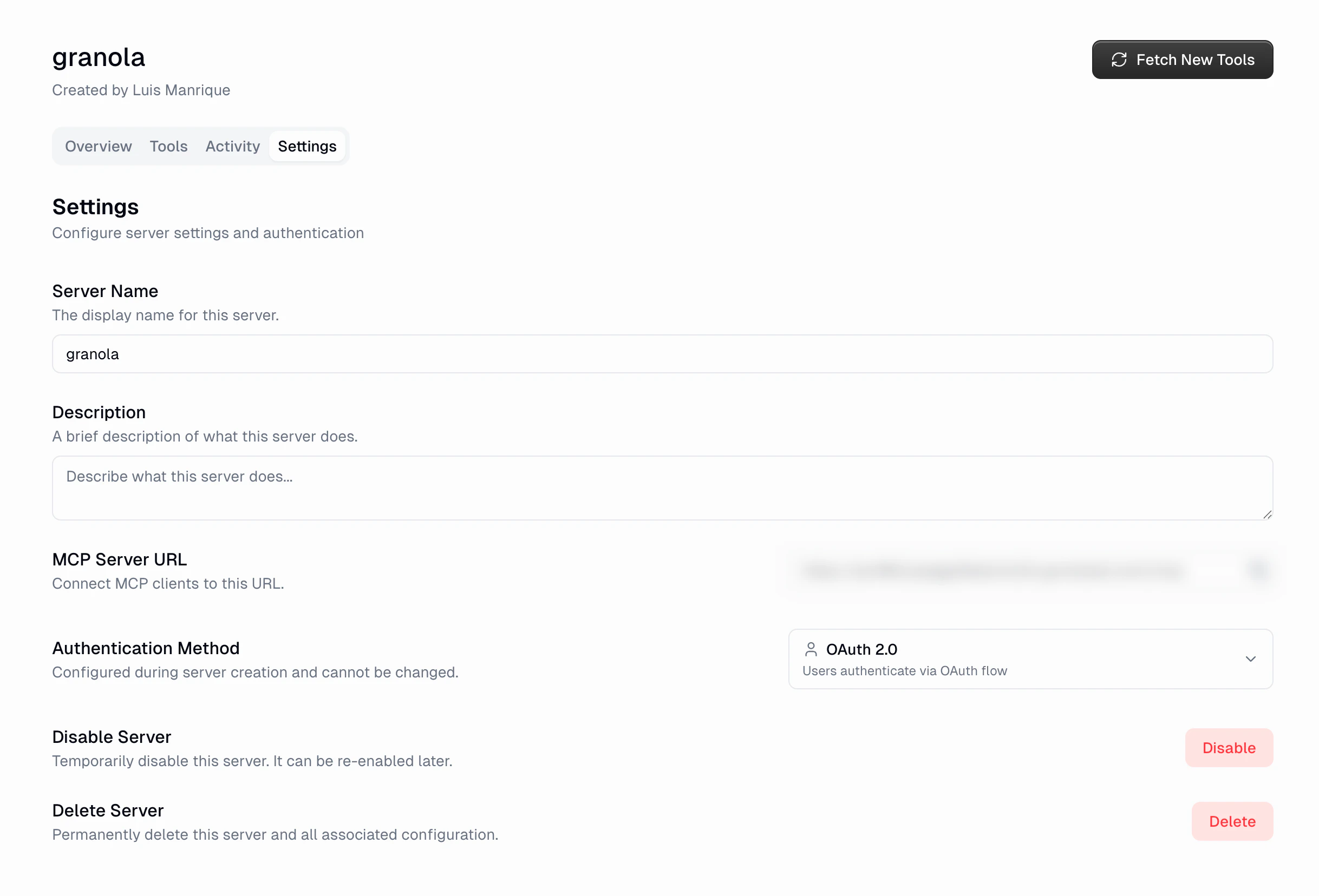Settings tab for a proxied MCP showing Server Name, Description, MCP Server URL, Authentication Method (OAuth 2.0), and Disable/Delete actions