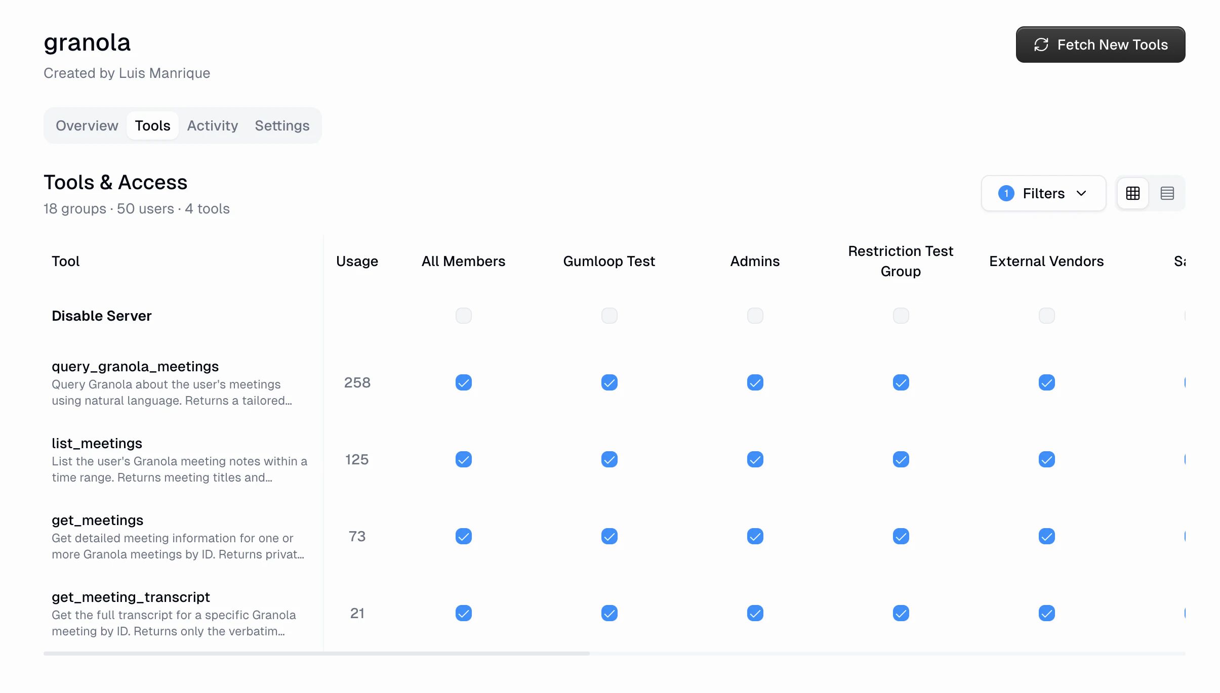 Tools tab for a proxied MCP showing a permission group matrix with tools listed and access toggles per group