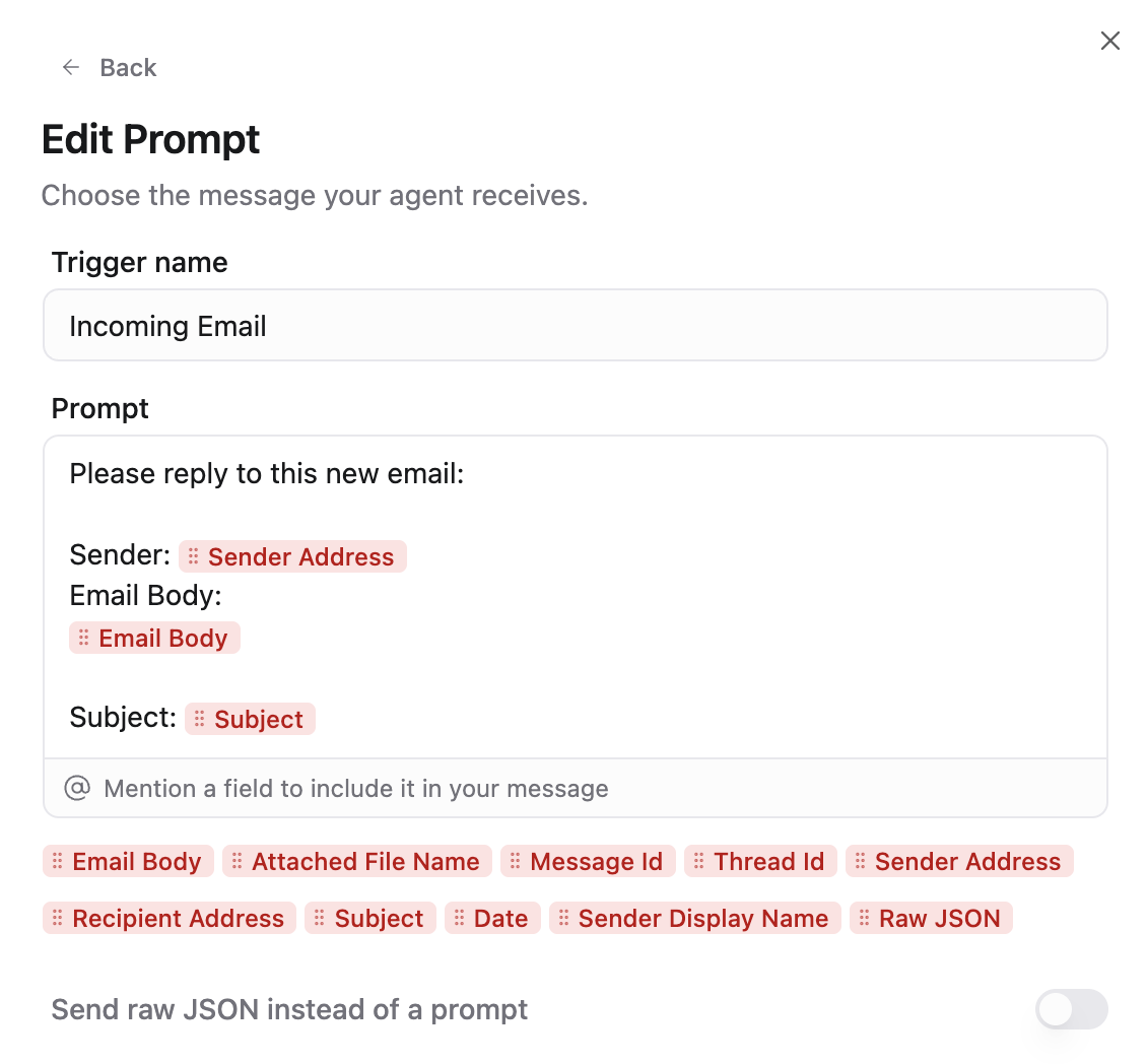 Prompt template editor showing trigger name and a prompt with template variables like Email Body, Attached File Name, and more