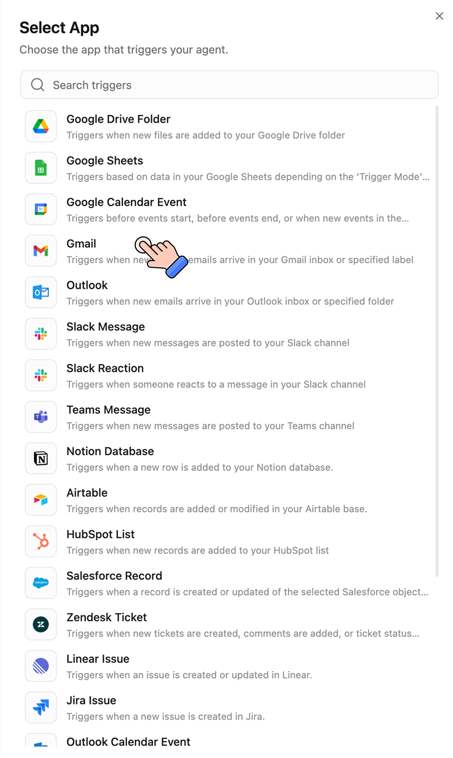 Select Trigger dialog showing available integrations: Google Drive, Google Sheets, Google Calendar, Gmail, Slack, Teams, Notion, and Airtable