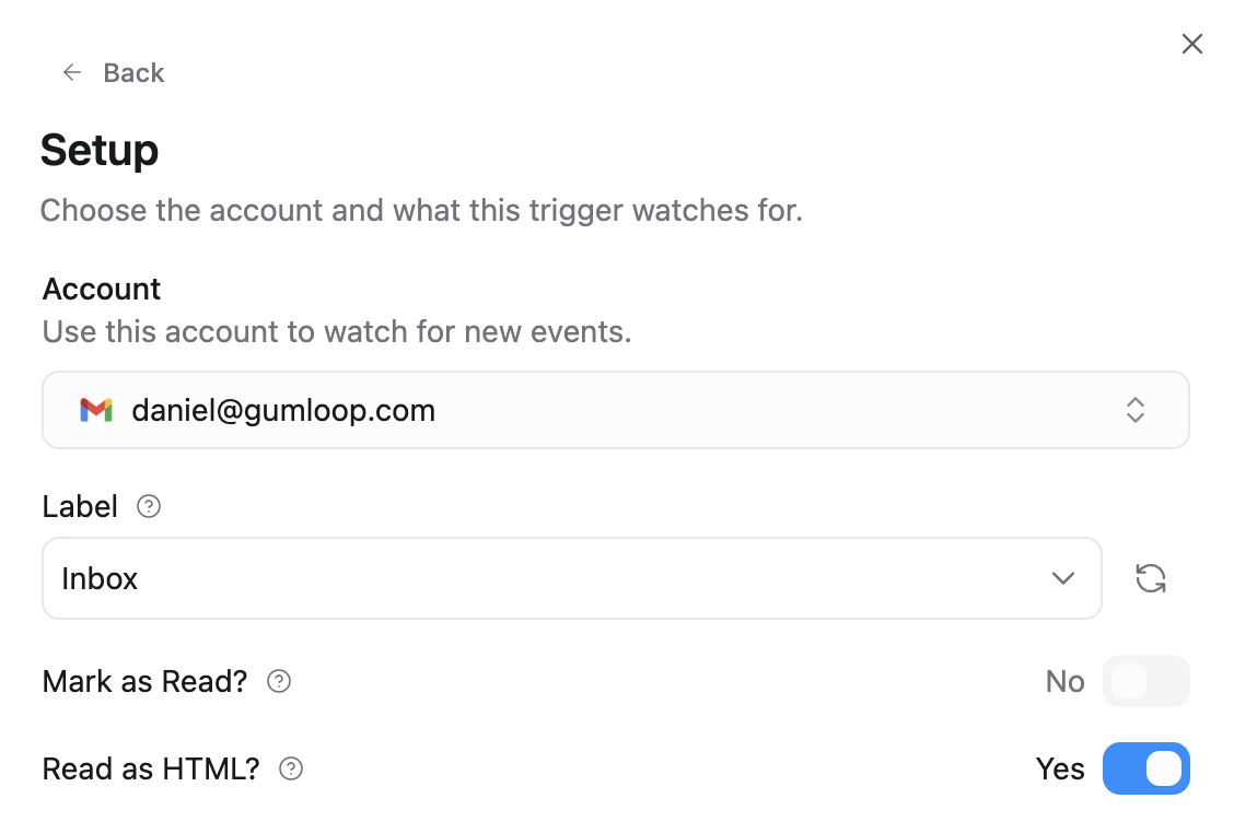 Gmail trigger setup with credential selection, label filter, and options for Mark as Read and Read as HTML
