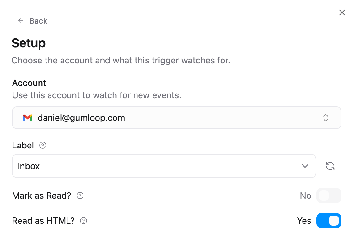 Gmail trigger setup with credential selection, label filter, and options for Mark as Read and Read as HTML