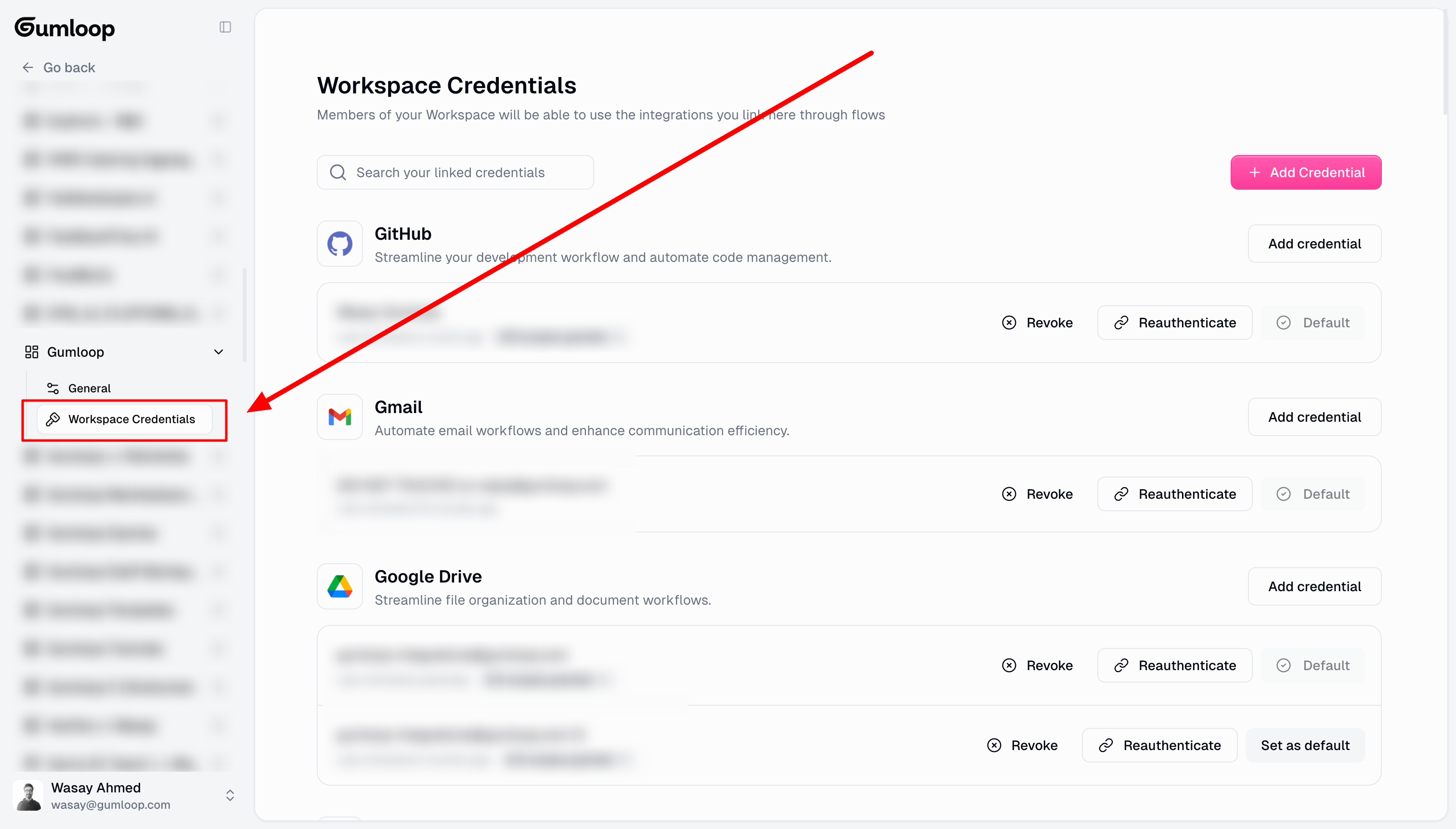 Workspace credentials settings page
