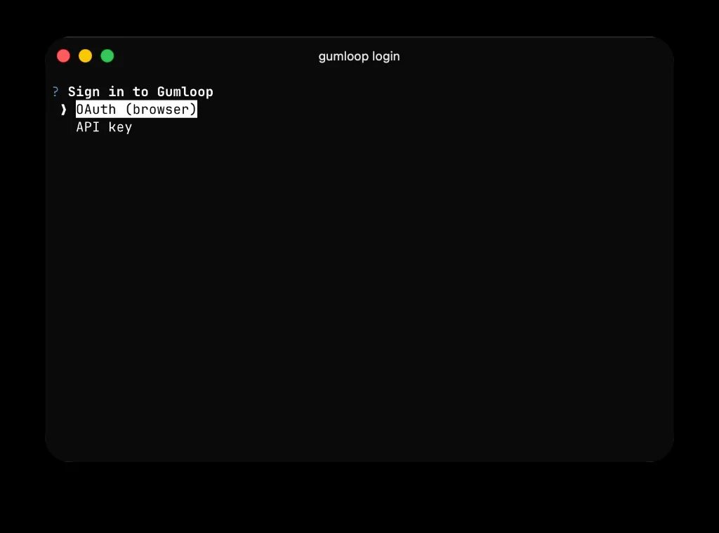 gumloop login prompt asking the user to choose between OAuth (browser) and API key