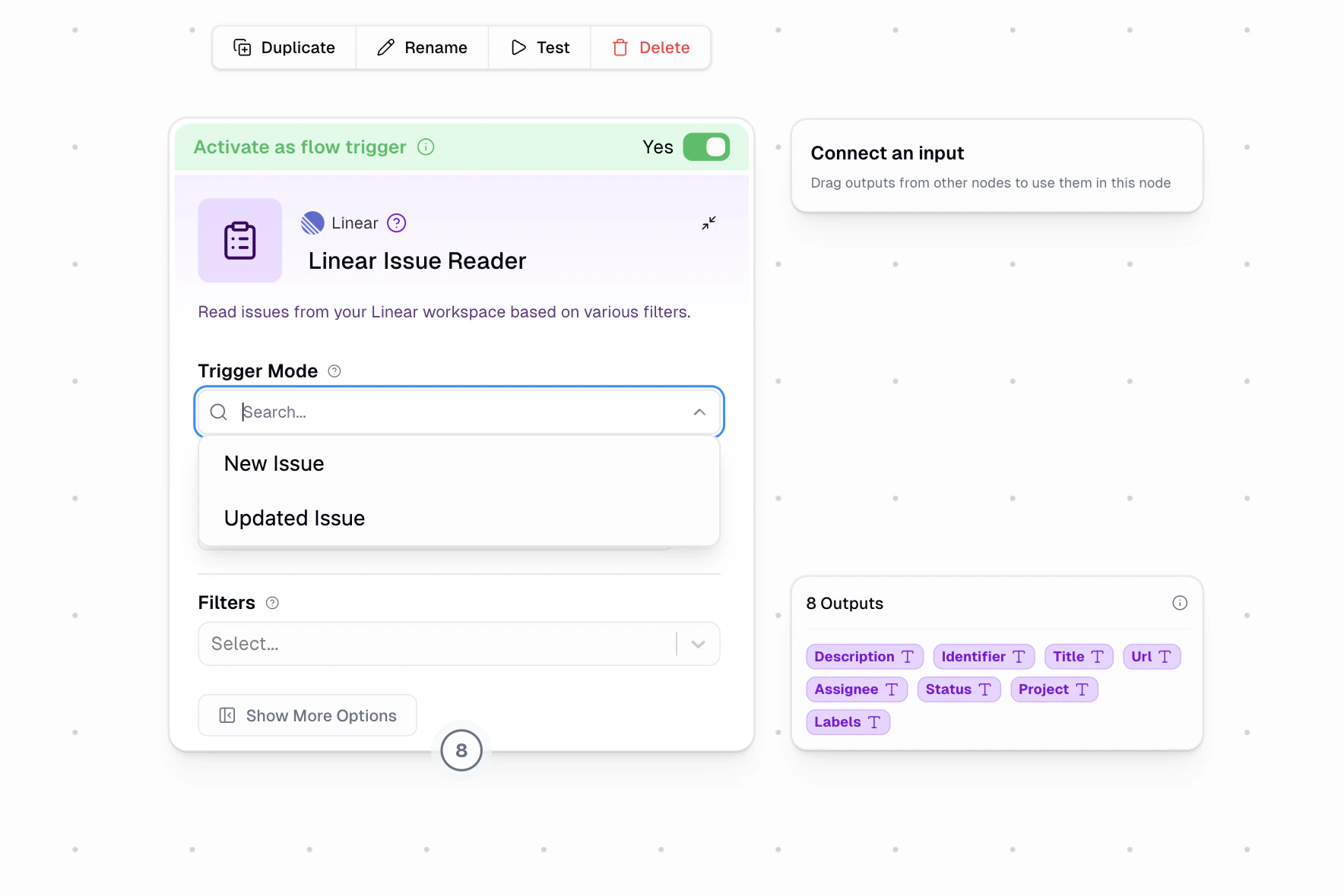 Linear Issue Reader trigger configuration showing New Issue and Updated Issue modes