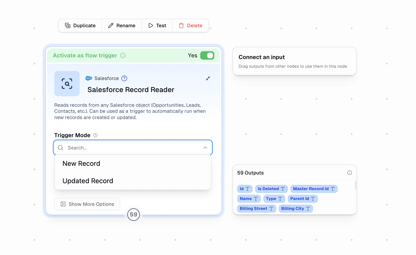 Salesforce Record Reader trigger configuration showing New Record and Updated Record modes