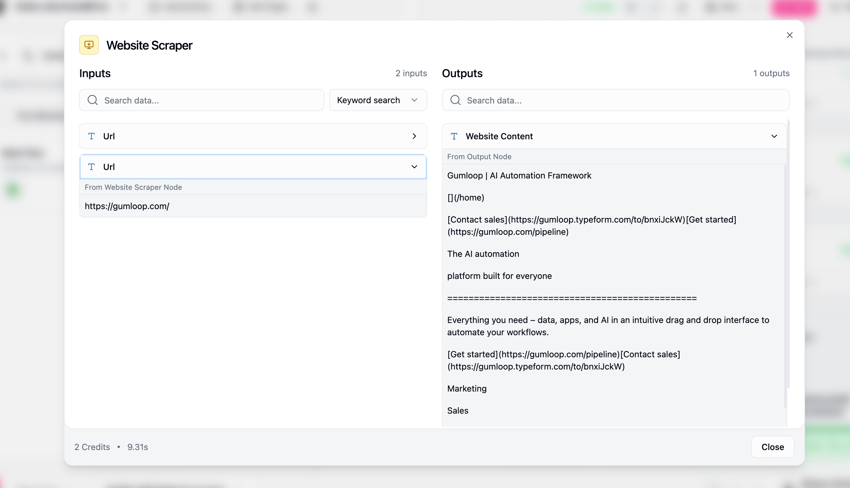 Inputs and Outputs Modal