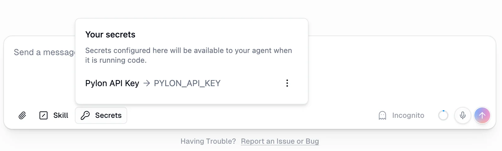 Chat composer Secrets popover showing Your secrets with Pylon API Key mapped to PYLON_API_KEY