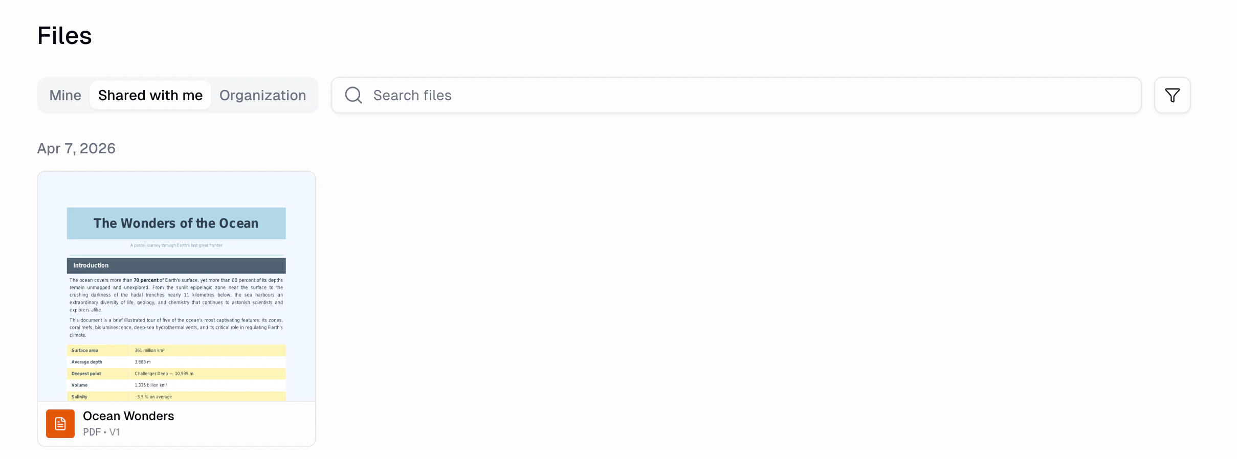 Files page showing the Shared with me tab with file cards grouped by date