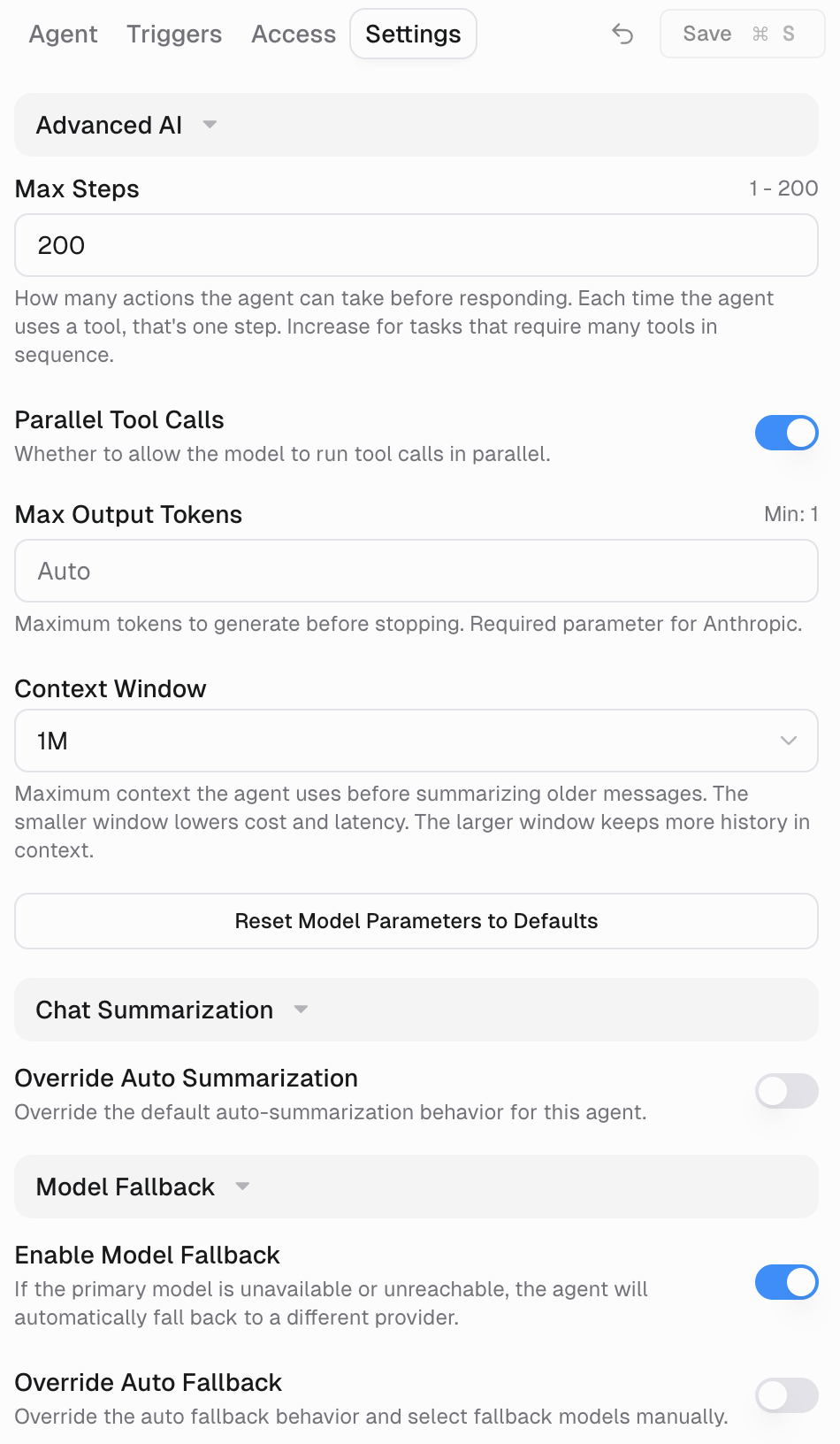 Settings tab with Advanced AI, Chat Summarization, and Model Fallback expandable sections
