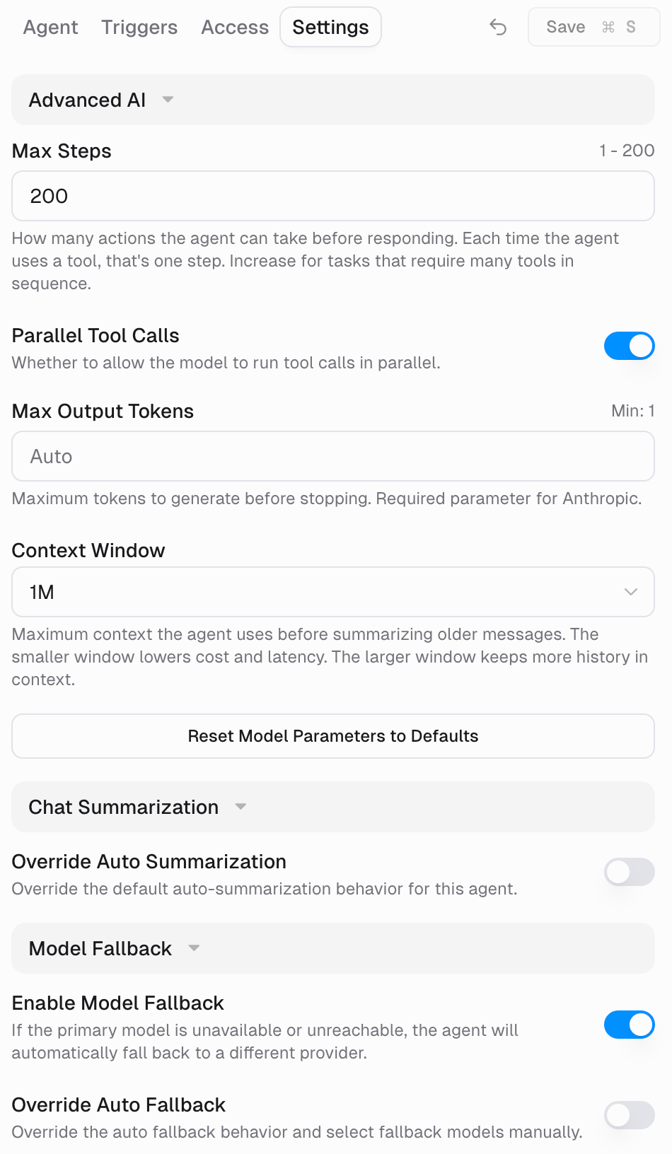 Settings tab with Advanced AI, Chat Summarization, and Model Fallback expandable sections