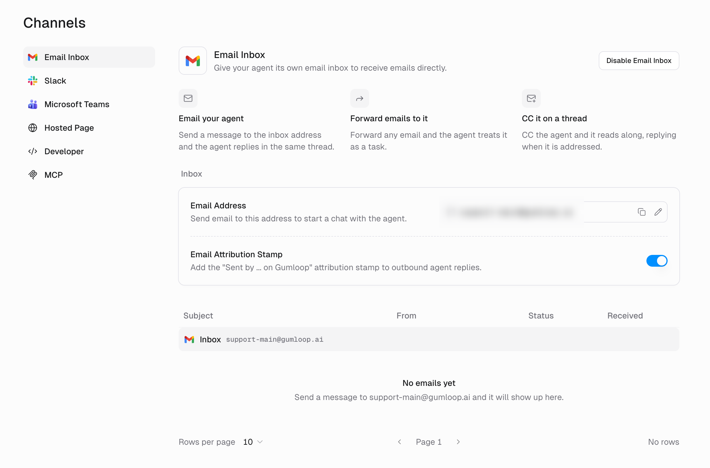 Channels page with Email Inbox selected, showing the inbox address, attribution stamp, and email list