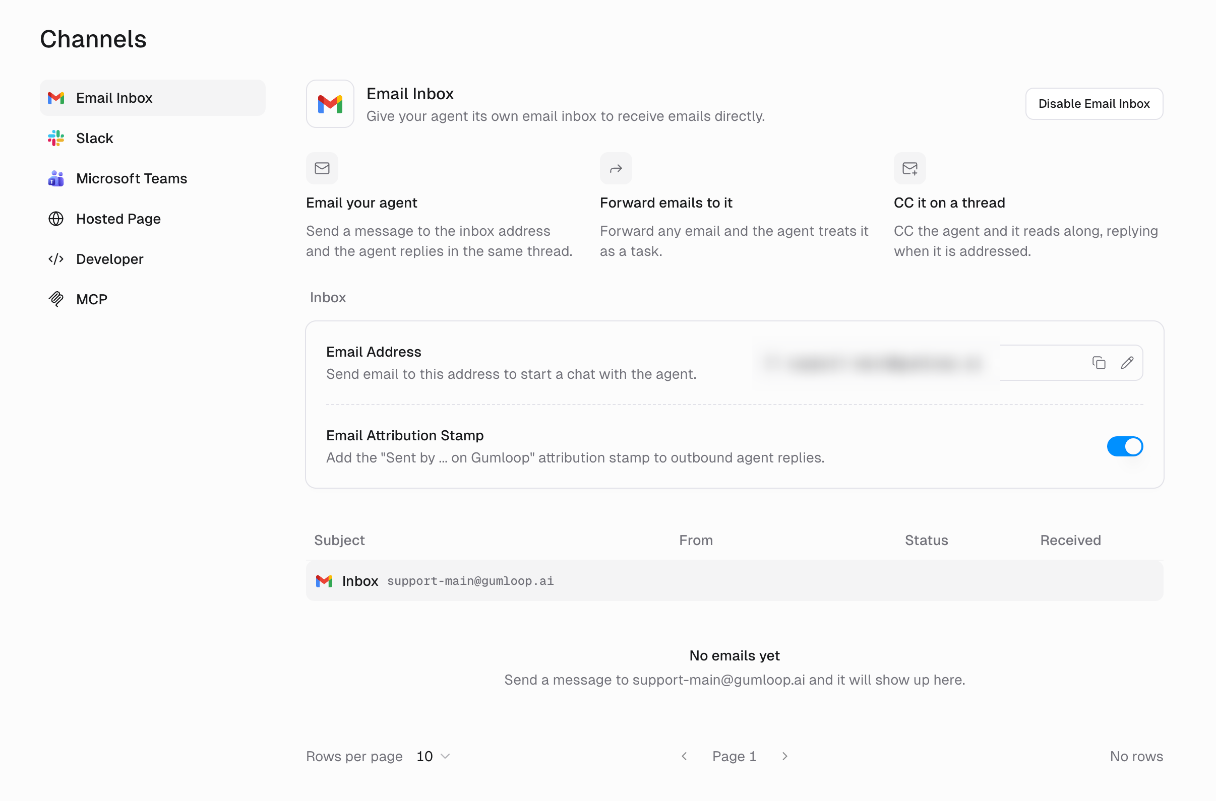 Channels page with Email Inbox selected, showing the inbox address, attribution stamp, and email list