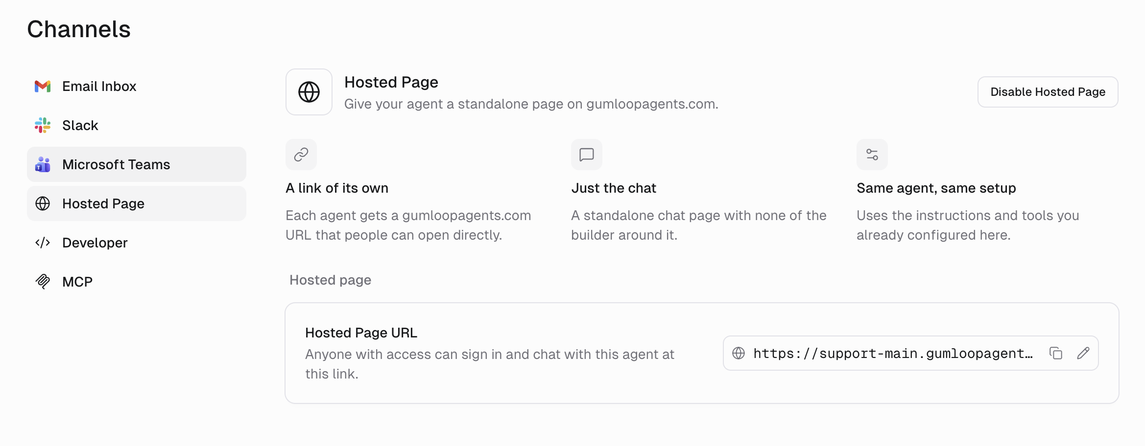 Channels page with Hosted Page selected, showing the gumloopagents.com URL and Disable Hosted Page