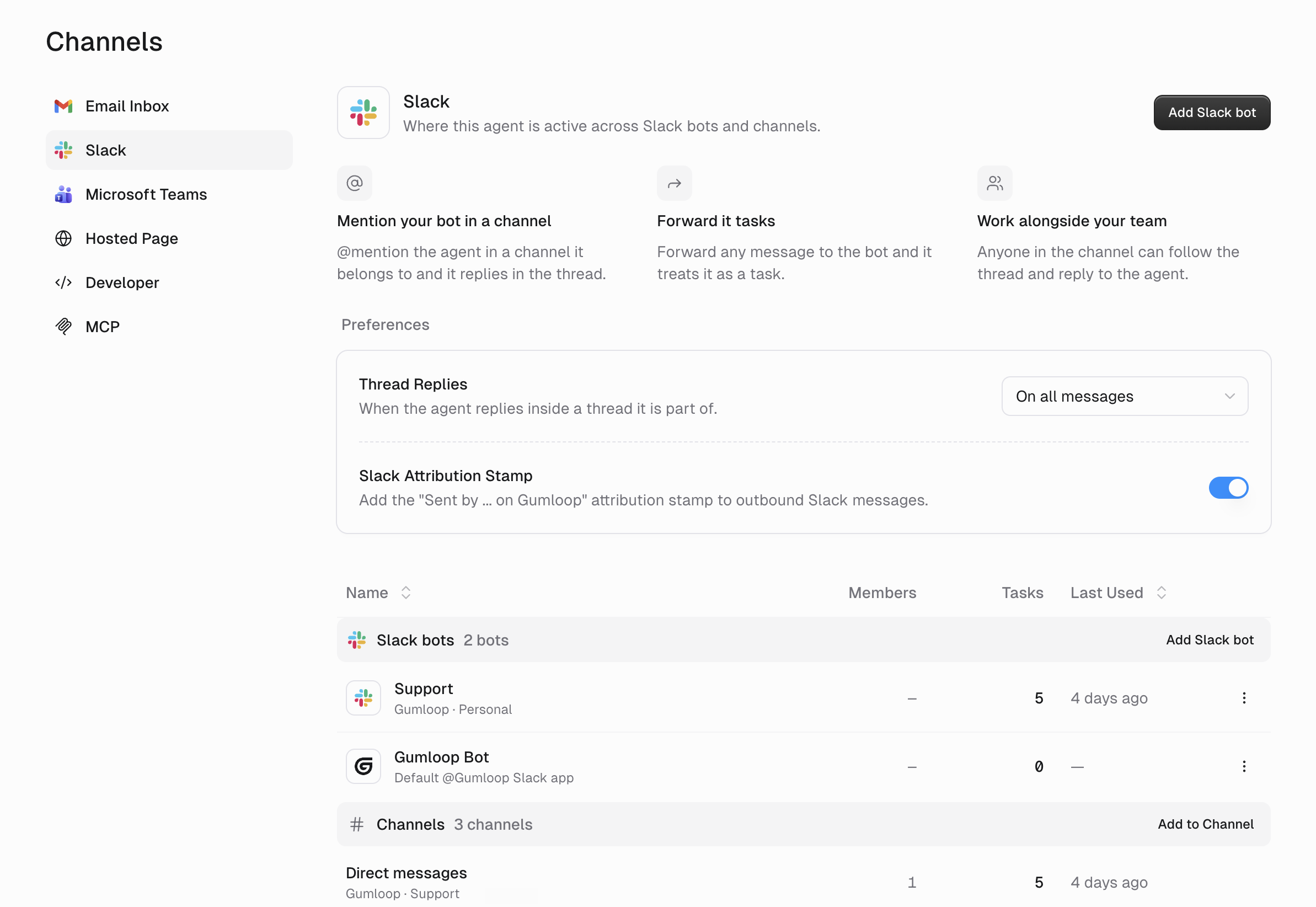 Channels page with Slack selected, showing Add Slack bot, thread replies, attribution stamp, bots, and channels
