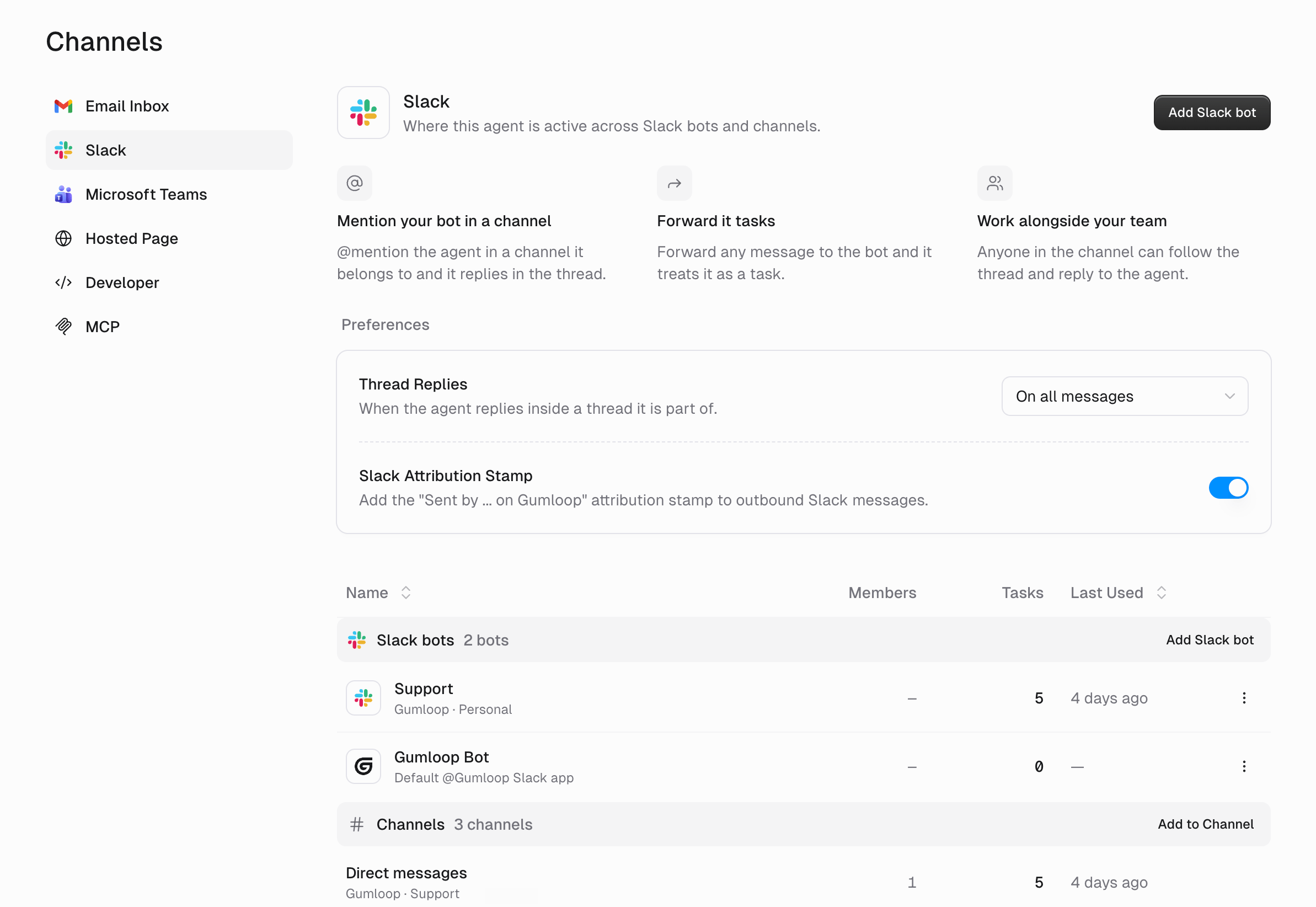 Channels page with Slack selected, showing Add Slack bot, Slack preferences, and the list of bots and channels