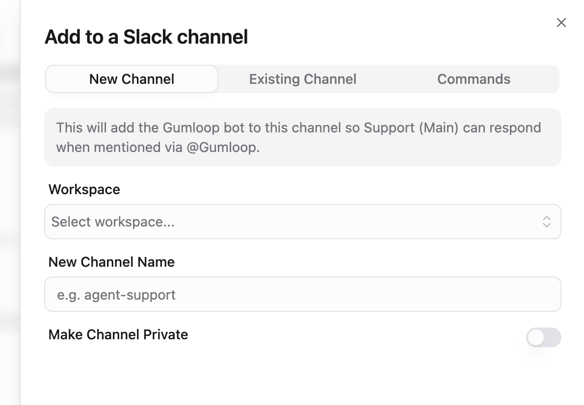 Add to a Slack channel sheet with New Channel, Existing Channel, and Commands tabs