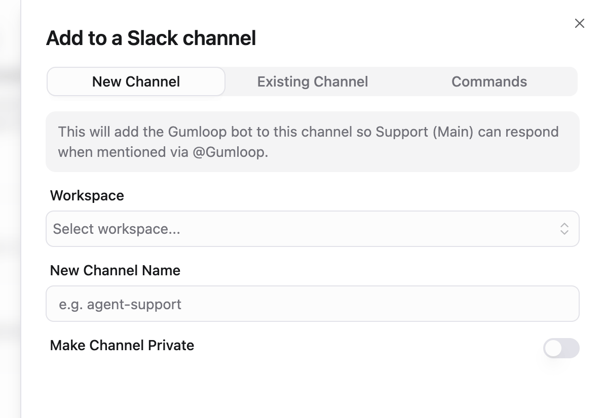 Add to a Slack channel sheet with New Channel, Existing Channel, and Commands tabs