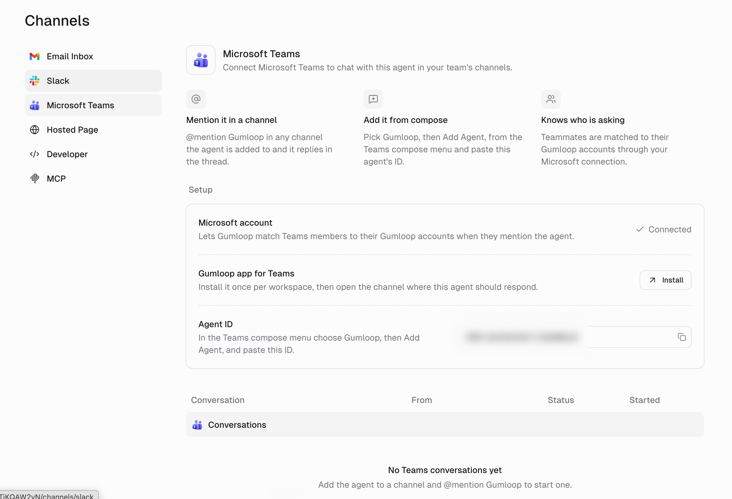 Channels page with Microsoft Teams selected, showing Microsoft account, Install, and Agent ID