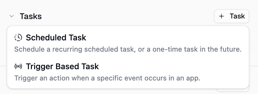Task type selector showing Scheduled Task and Trigger Based Task options