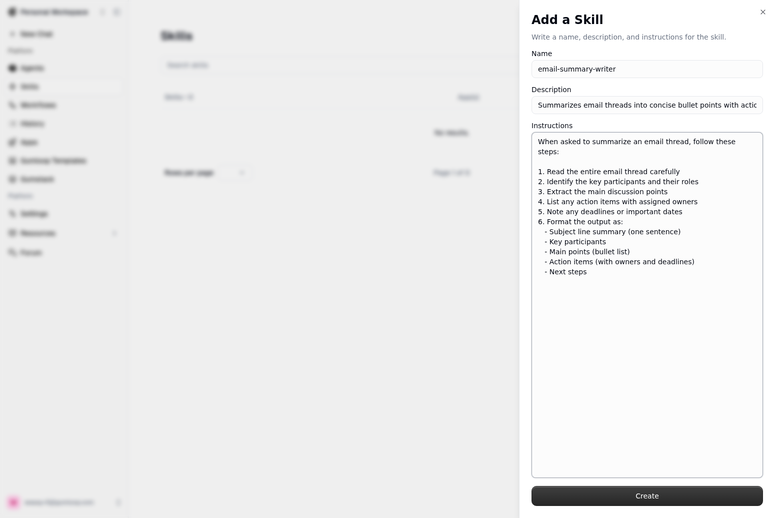 The Write Skill Instructions form showing name, description, and instructions fields