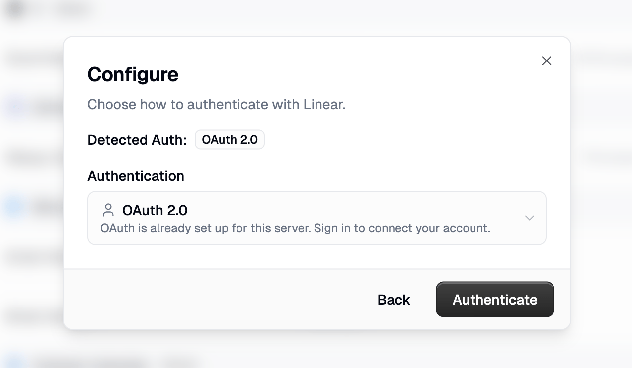 Configure dialog showing detected OAuth 2.0 authentication
