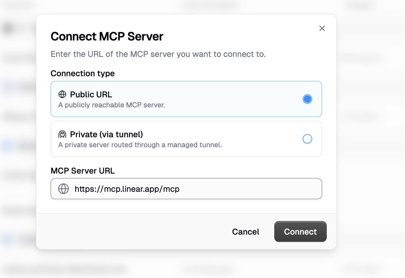 Connect MCP Server dialog with connection type and server URL