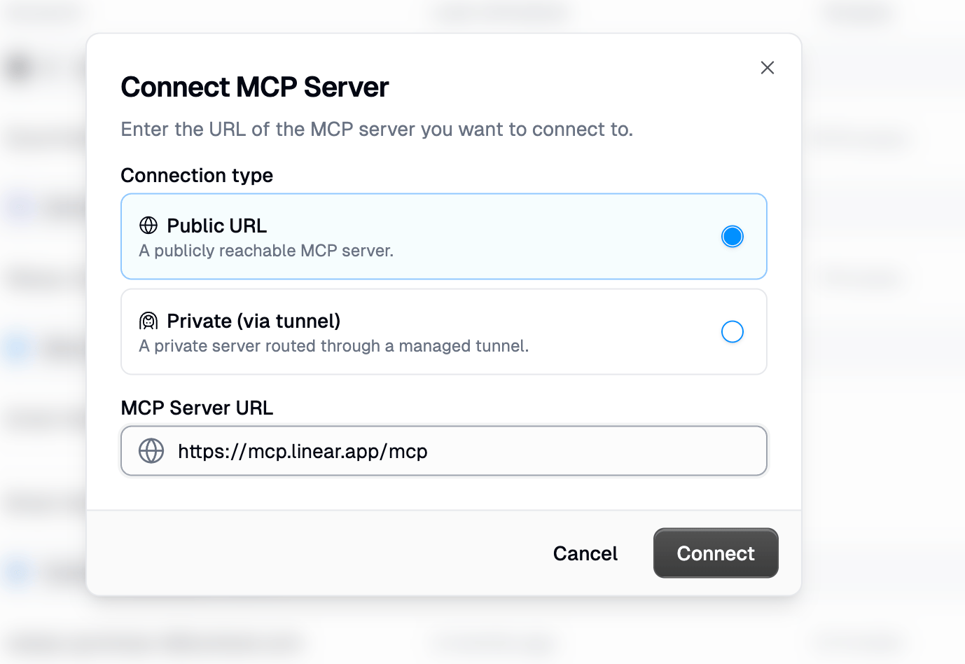 Connect MCP Server dialog with connection type and server URL