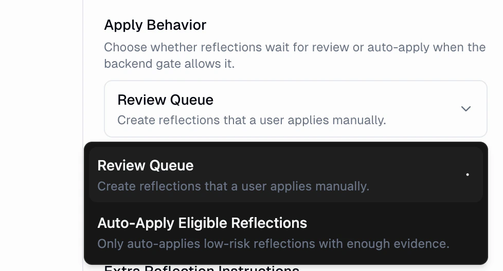 Apply Behavior dropdown showing Review Queue and Auto-Apply Eligible Reflections options