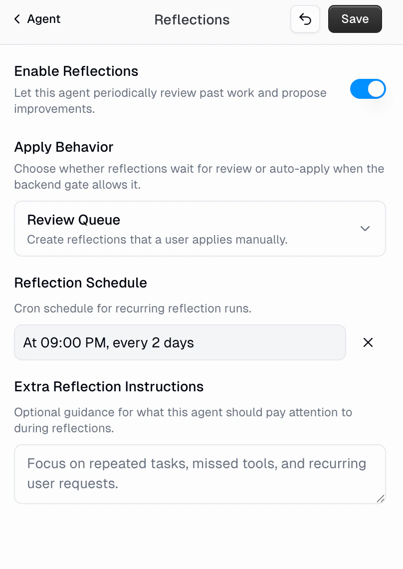 Reflections settings panel showing Enable Reflections toggle, Apply Behavior selector, Reflection Schedule, and Extra Reflection Instructions