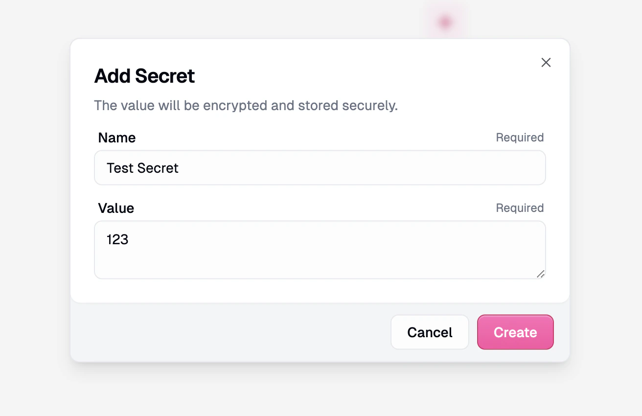 Add Secret dialog with name and value fields