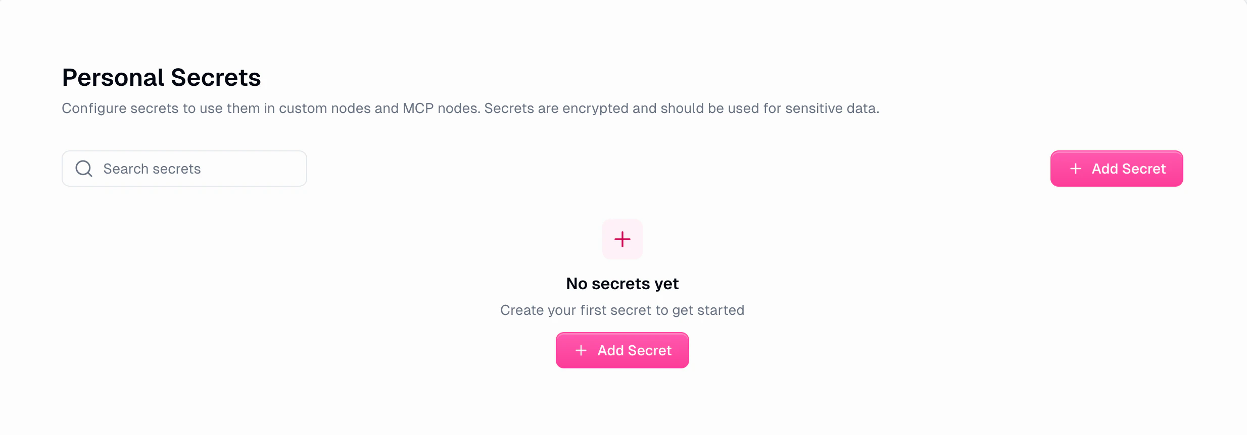 Personal Secrets page showing empty state