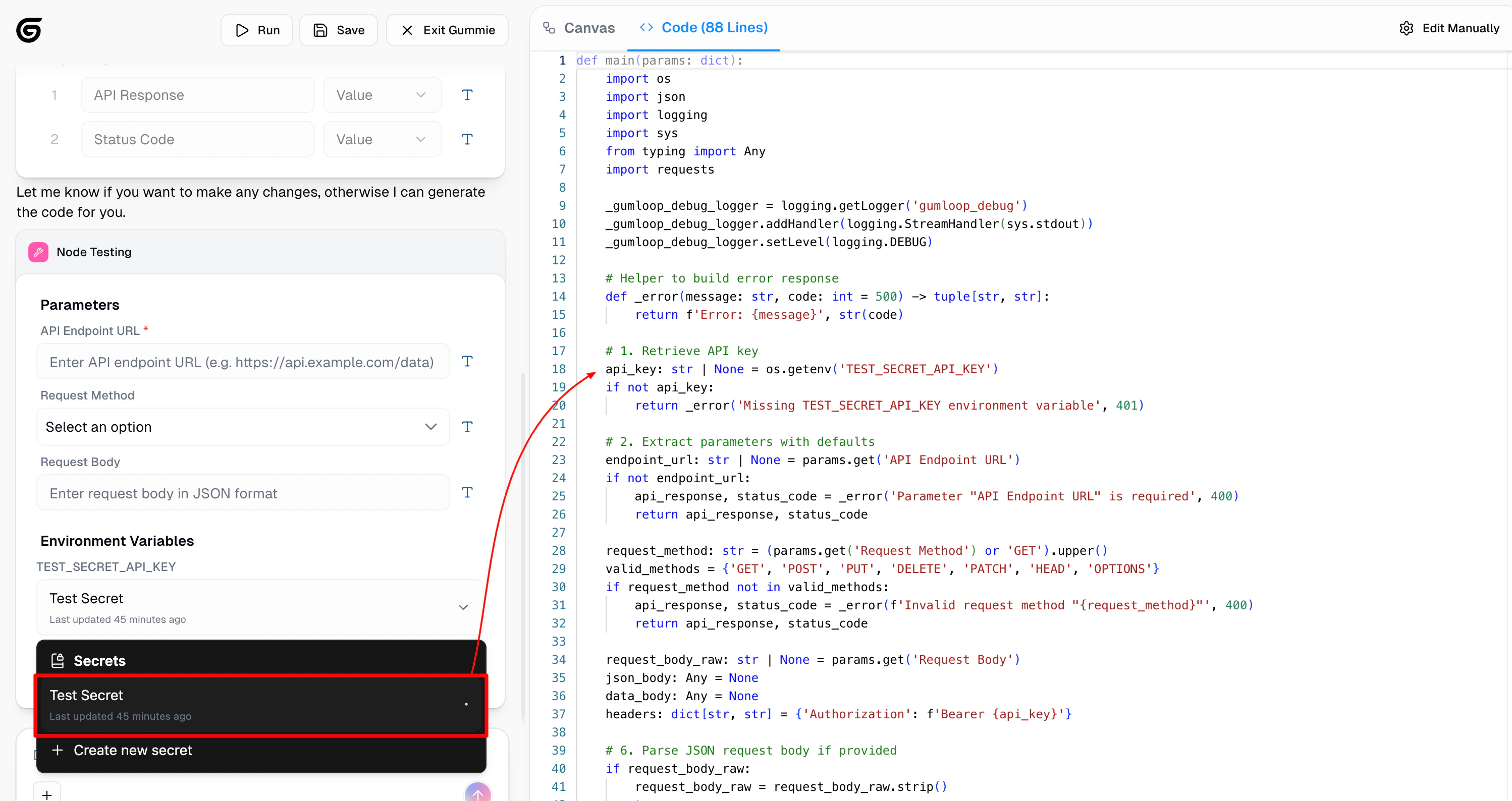 Custom node builder showing environment variables picker and generated code