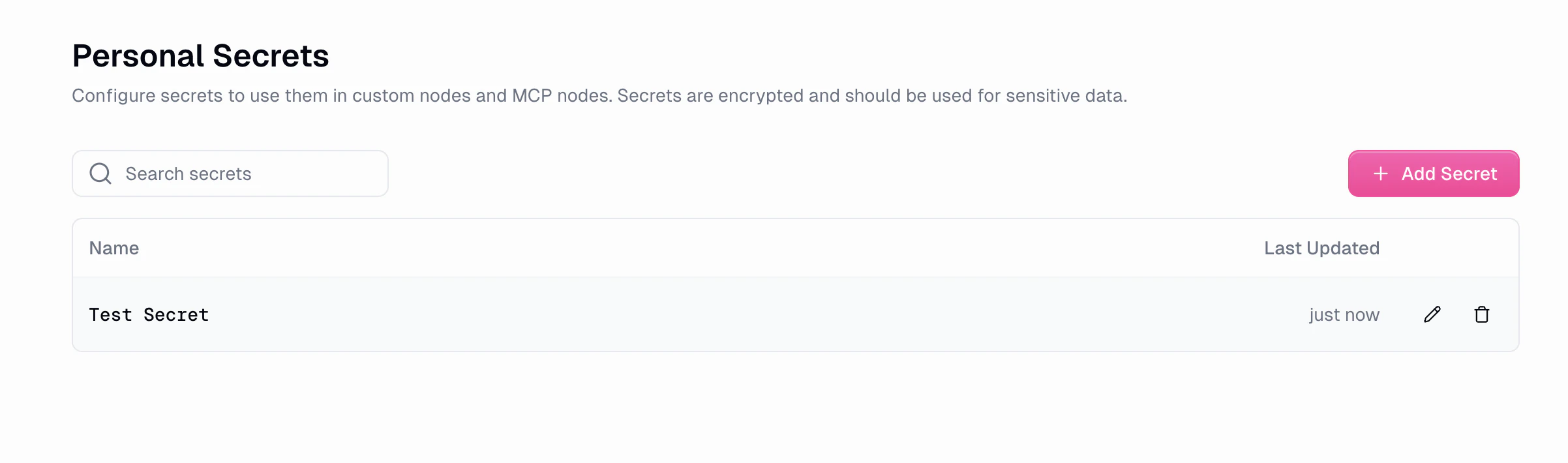 Personal Secrets list showing saved secrets