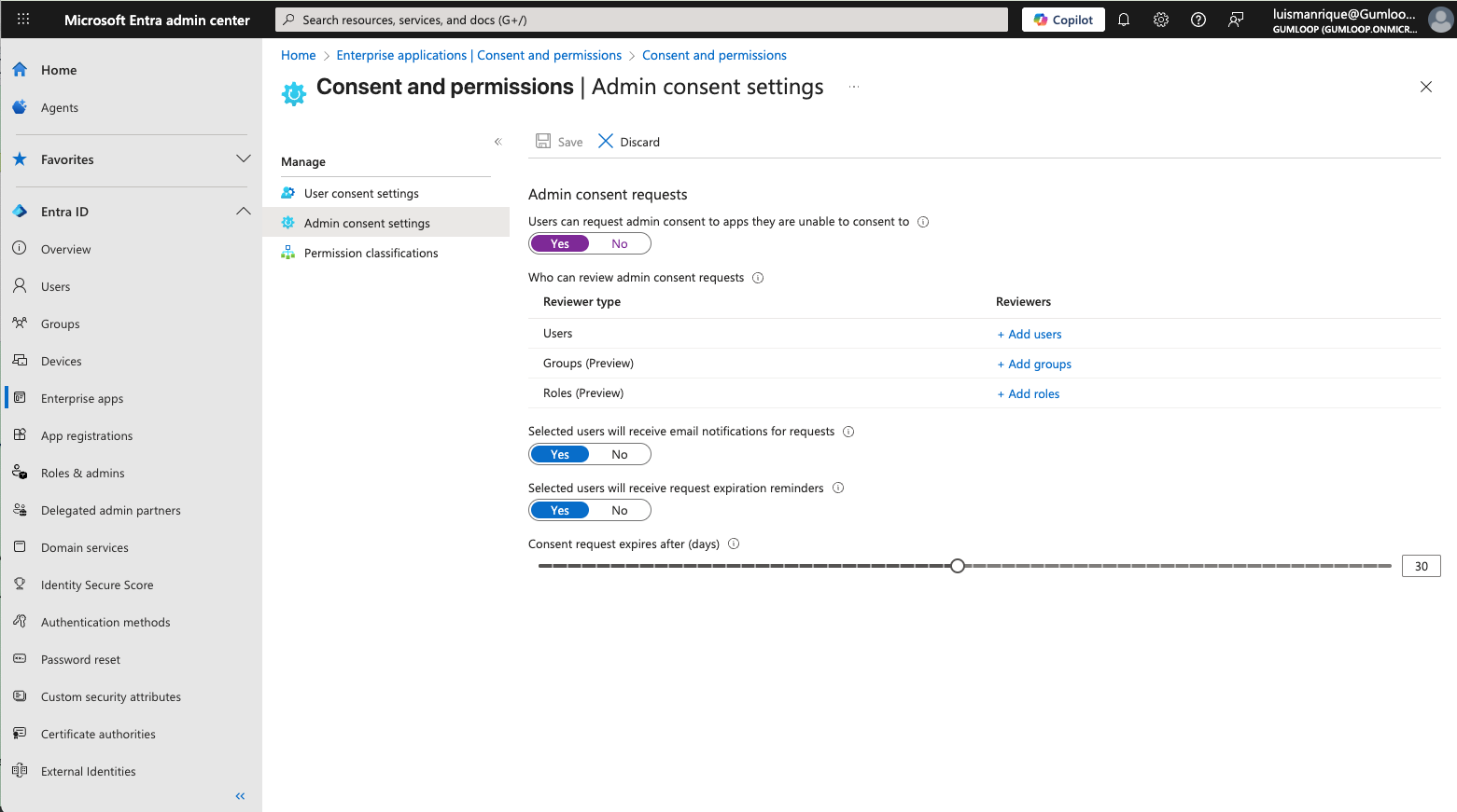 Enable admin consent requests