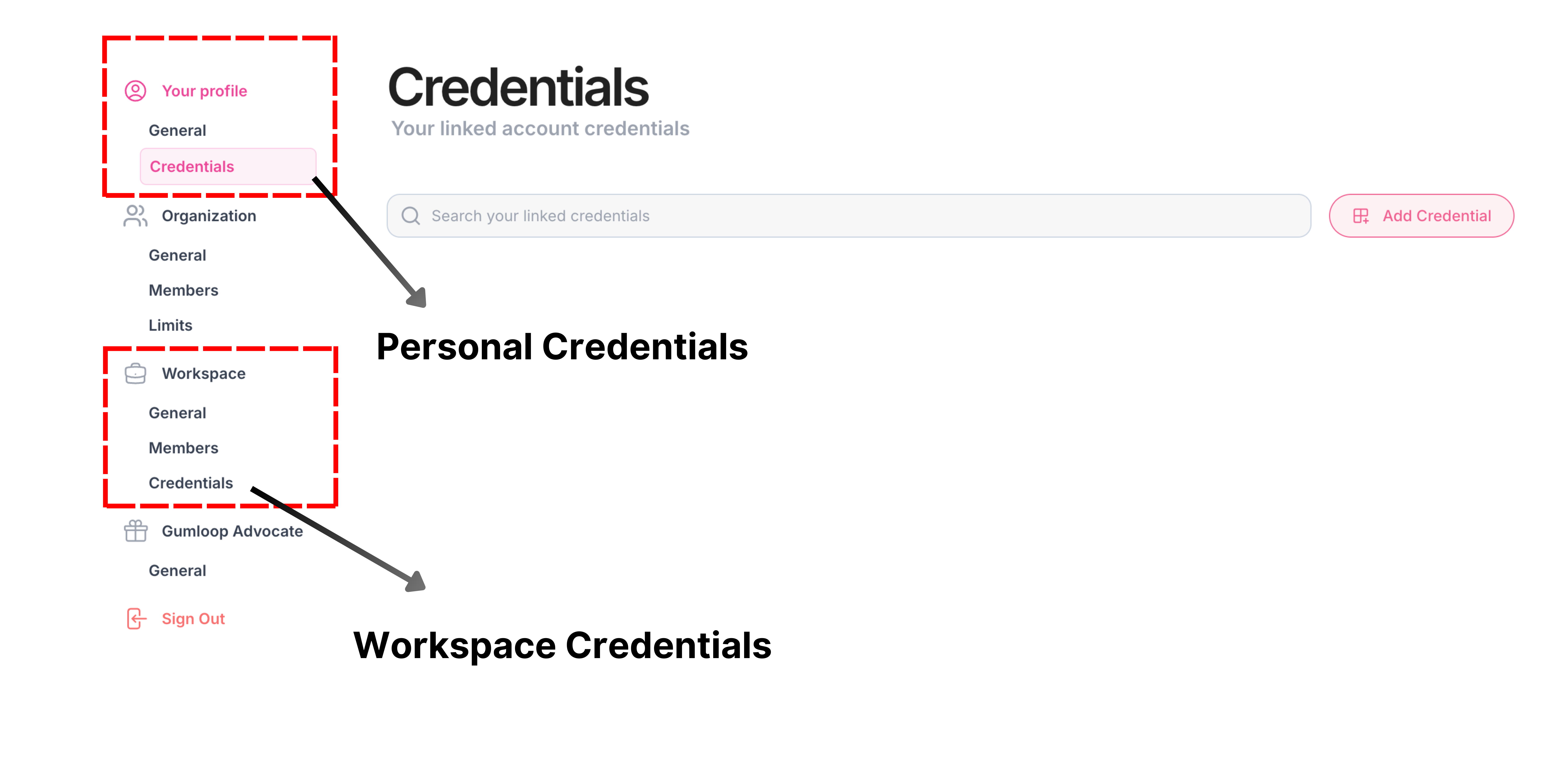 Credential type selection interface