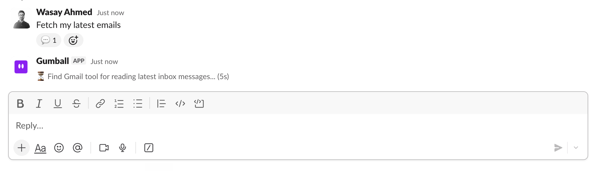 Slack DM with the Gumloop app where a user asks to fetch their latest emails and Gumball replies with progress