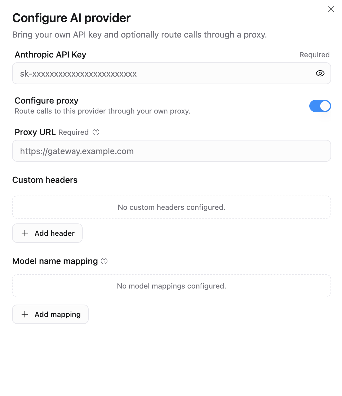 Configure AI provider sheet with an Anthropic API key field, a Configure proxy toggle, a proxy URL field, and empty custom headers and model name mapping sections